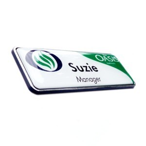 white metal name badge